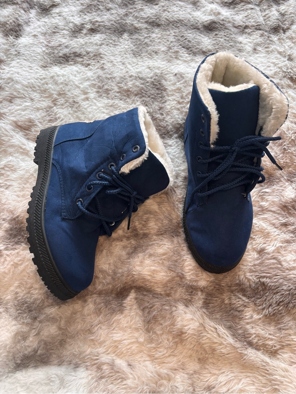 Women's Navy Faux-Fur Lined Winter Lace-Up Ankle Boots